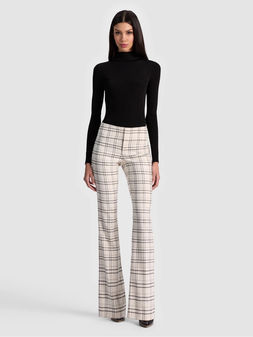 Alice and Olivia cool girl plaid High-Rise Plaid Flare Pants in Cream and Black